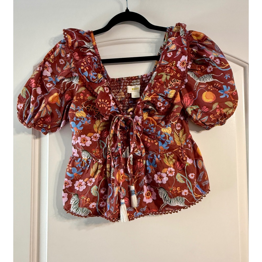 Maeve Anthropologie Blouse XSP Red Floral Zebra Puff Sleeve Peplum Top Boho